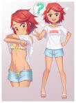  1girl :d ? absurdres bangs bikini blush border breasts brown_eyes child closed_mouth clothes_lift collarbone commentary english_commentary eyebrows_visible_through_hair eyelashes gazing_eye grey_background grey_shorts hand_on_hip highres knees lifted_by_self multiple_views navel open_mouth pokemon pokemon_(game) pokemon_masters_ex red_hair sandals shirt shirt_lift short_sleeves shorts smile sparkle spoken_question_mark standing striped striped_bikini swept_bangs swimsuit teeth tina_(pokemon) toes tongue unbuttoned_shorts upper_teeth v white_border white_shirt 