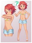  1girl :d ? absurdres bangs bikini blush border breasts brown_eyes child closed_mouth collarbone commentary english_commentary eyebrows_visible_through_hair eyelashes gazing_eye grey_background grey_shorts hand_on_hip highres knees multiple_views navel open_mouth pokemon pokemon_(game) pokemon_masters_ex red_hair sandals shorts smile sparkle spoken_question_mark standing striped striped_bikini swept_bangs swimsuit teeth tina_(pokemon) toes tongue unbuttoned_shorts upper_teeth v white_border 