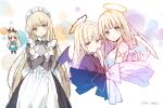  2girls :d absurdres alice_(alice_in_wonderland) alice_(alice_in_wonderland)_(cosplay) alice_in_wonderland angel_and_devil angel_wings animal_ears apron artist_name black_ribbon black_vs_white black_wings blonde_hair blue_dress blush cosplay crossed_arms dark_halo demon_wings dress frilled_apron frills hairband halo hanekoto highres long_hair maid maid_apron maid_headdress multiple_girls multiple_views open_mouth otonari_no_tenshi-sama_ni_itsu_no_mani_ka_dame_ningen_ni_sarete_ita_ken rabbit_ears ribbon second-party_source shiina_mahiru sketch smile split_theme striped striped_legwear very_long_hair waist_apron white_ribbon white_wings wings wrinkled_fabric yellow_eyes 