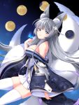  1girl animal_ears azur_lane bangs blunt_bangs bug butterfly commentary_request constellation ebino_mayo eyebrows_visible_through_hair fox_ears fox_girl fox_tail full_moon grey_eyes hair_ornament head_tilt japanese_clothes kyuubi long_hair looking_at_viewer moon multiple_tails night night_sky off_shoulder pleated_skirt shinano_(azur_lane) sidelocks silver_hair skirt sky smile solo star_(sky) starry_sky tail thighhighs white_legwear white_skirt wide_sleeves zettai_ryouiki 