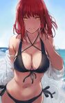  1girl arm_behind_back bangs bare_shoulders bikini black_bikini breasts chainsaw_man cleavage closed_mouth collarbone hair_down hand_in_hair hand_up hews highres large_breasts long_hair looking_at_viewer makima_(chainsaw_man) navel ocean outdoors red_hair ringed_eyes sky smile solo stomach swimsuit yellow_eyes 