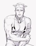  1boy abs absurdres alternate_costume animal_ears animal_print armband bara bottomless bra chengzhineixihuanxiaogou covered_nipples covering covering_crotch cow_boy cow_ears cow_horns cow_print facial_hair fake_animal_ears goatee greyscale highres horns jewelry large_pectorals male_focus monochrome neck_ring out-of-frame_censoring pectoral_cleavage pectorals print_bra reiner_braun shingeki_no_kyojin short_hair sidepec solo stubble toned toned_male underwear underwear_only 
