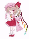  1girl :&lt; :3 absurdres artist_name ascot back_bow bandaid bandaid_on_knee bangs blonde_hair blush blush_stickers bobby_socks bow closed_mouth commentary_request crystal expressionless eyebrows_visible_through_hair flandre_scarlet full_body hair_bow hat high_heels highres holding holding_stuffed_toy looking_at_viewer medium_hair mob_cap one_side_up petticoat pink_bow pink_headwear red_bow red_eyes red_footwear renakobonb simple_background socks solo standing stuffed_toy touhou white_background white_legwear wings yellow_ascot 
