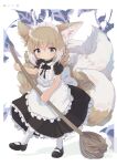  1girl alternate_costume animal_ears apron arknights black_dress black_footwear blonde_hair braid broom closed_mouth commentary_request dress erandhl fox_ears fox_tail frilled_dress frills full_body green_eyes hairband highres holding holding_broom kitsune kyuubi looking_at_viewer maid maid_apron maid_headdress multiple_tails shoes short_hair solo standing suzuran_(arknights) tail twitter_username white_apron white_background 