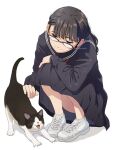  1girl artist_name black_serafuku brown_hair cat fangs glasses long_hair mattaku_mousuke original petting school_uniform serafuku smile squatting watermark white_background 