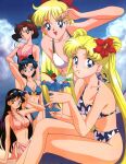  1990s_(style) 5girls absurdres adjusting_eyewear aino_minako bad_link bangs beach bikini bikini_top bishoujo_senshi_sailor_moon black_hair blonde_hair blue_bikini blue_eyes blue_hair bow breasts brown_hair cleavage cloud crossed_legs day double_bun drink earrings everyone eyebrows_visible_through_hair eyewear_on_head floral_print flower green_eyes hair_bobbles hair_bow hair_flower hair_ornament halter_top halterneck hibiscus high_ponytail highres hino_rei jewelry kino_makoto long_hair medium_breasts mizuno_ami multiple_girls official_art one-piece_swimsuit open_mouth outdoors pink_bikini pink_sarong ponytail purple_eyes red_bow retro_artstyle sarong scan short_hair side-tie_bikini sitting sky smile sunglasses swimsuit tadano_kazuko tsukino_usagi twintails white_bikini 