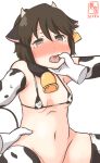  1girl alternate_costume animal_ears animal_print artist_logo bell bikini black_hair blush bottomless brown_eyes commentary_request covered_nipples cow_ears cow_horns cow_print cow_tail cowbell dated disembodied_limb ear_tag fake_animal_ears fake_horns flat_chest front-tie_top horns kanon_(kurogane_knights) kantai_collection micro_bikini miyuki_(kancolle) mouth_pull nose_blush one-hour_drawing_challenge out-of-frame_censoring short_hair simple_background swimsuit tail thighhighs white_background white_bikini white_legwear 