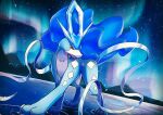  absurdres alternate_color aurora blue_hair closed_mouth commentary diamond_(symbol) full_body highres lex_suri12 looking_at_viewer mountain night night_sky no_humans pokemon pokemon_(creature) red_eyes ripples shiny_pokemon sky solo star_(sky) starry_sky suicune toes 