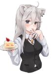  1girl :3 ahoge animal_ears bangs black_nails black_vest blush bolo_tie breasts cake cake_slice collared_shirt cropped_torso dress_shirt ear_piercing fingernails food food_on_hand grey_eyes hair_between_eyes hair_flaps highres holding holding_tray hololive large_breasts licking licking_finger lion_ears lion_girl long_fingernails long_hair long_sleeves looking_at_viewer micon nail_polish piercing sharp_fingernails shirt shishiro_botan sidelocks silver_hair solo tray upper_body v-shaped_eyebrows vest virtual_youtuber waistcoat white_shirt 