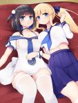  2girls :o acasta_(azur_lane) acasta_(lights_of_the_lantern_festival)_(azur_lane) anchor_print ardent_(ardent_valentine)_(azur_lane) ardent_(azur_lane) armpit_cutout azur_lane bangs bare_shoulders bed_sheet black_hair blonde_hair blue_bow blue_choker blue_eyes blue_neckerchief blue_necktie blue_sailor_collar blue_skirt blunt_bangs blush bow breasts choker cleavage closed_mouth clothing_cutout collarbone commentary cowboy_shot dress eyebrows_visible_through_hair hair_ornament hand_up highres indoors kneehighs large_breasts long_hair long_sleeves looking_at_viewer lying medium_breasts midriff multiple_girls navel neckerchief necktie nekonetoru_take off-shoulder_dress off_shoulder official_alternate_costume on_back one_side_up pleated_skirt pom_pom_(clothes) pom_pom_hair_ornament print_necktie ribbon sailor_collar school_uniform serafuku shadow shirt short_hair short_sleeves sidelocks skindentation skirt smile thighhighs twintails very_long_hair white_dress white_legwear white_serafuku wrist_cuffs wrist_ribbon zettai_ryouiki 