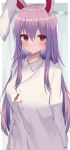  1girl :&lt; absurdres animal_ears aohane arms_behind_back bangs blush border breasts buttons carrot_print closed_mouth commentary_request expressionless eyebrows_visible_through_hair food_print grey_background hair_between_eyes highres large_breasts long_hair long_sleeves looking_to_the_side outside_border purple_hair rabbit_ears red_eyes reisen_udongein_inaba shirt sidelocks simple_background solo tag touhou upper_body very_long_hair white_border white_shirt 