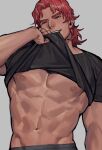  1boy bara bare_pectorals beard brown_shirt clothes_lift come_hither contrapposto facial_hair grey_male_underwear kimi_ga_shine large_pectorals lifted_by_self looking_at_viewer male_focus male_underwear mature_male medium_hair mouth_hold muscular muscular_male nipples pectoral_focus pectorals q-taro_burgerberg red_hair seductive_smile shirt shirt_in_mouth shirt_lift smile solo underwear upper_body zoo_(oukakumaku) 