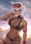  1girl abs absurdres animal_ears backlighting bangs bare_shoulders beach biceps bikini black_bikini black_hairband blue_eyes body_markings bracelet breasts caenis_(fate) caenis_(swimsuit_rider)_(fate) cleavage collarbone eyebrows_visible_through_hair eyewear_on_head fate/grand_order fate_(series) gradient_sky grey_sky hairband hakohako-does highres jewelry large_breasts long_hair looking_at_viewer muscular muscular_female nail_polish navel orange_sky sky solo sunglasses sunset swimsuit thighs toned twilight very_long_hair wet white_hair white_nails wristband 