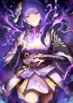  1girl bangs braid braided_ponytail breasts genshin_impact hair_ornament highres human_scabbard large_breasts light_in_heart long_hair looking_at_viewer mole mole_under_eye purple_eyes purple_hair raiden_shogun solo sword_out_of_chest thighs tyone 