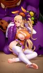  1girl absurdres areolae belt blonde_hair blush bow bowtie breasts cleavage colored_skin commentary deep_skin dragalia_lost elbow_gloves elisanne english_commentary feet garter_straps gigantic_penis gloves hair_ornament halloween halloween_costume height_difference hetero highleg highleg_leotard highres huge_breasts huge_testicles inverted_nipples jack-o&#039;-lantern jack-o&#039;-lantern_hair_ornament kairunoburogu leotard long_hair looking_at_viewer loose_belt monster monster_boy nail_polish nipples no_bra nose one_breast_out open_mouth orange_leotard orange_nails penis ponytail purple_eyes purple_skin revision skindentation soles solo_focus testicles thighhighs toeless_legwear toenail_polish toenails toes tongue tongue_out torn_clothes torn_leotard uncensored veins veiny_penis white_gloves white_legwear 