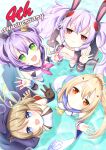  4girls :d adjusting_clothes adjusting_headwear animal_ears anniversary arm_behind_head armpits ascot ayanami_(azur_lane) azur_lane bangs belt blonde_hair blue_eyes breasts brown_hair bubble choker cleavage collarbone commentary_request copyright_name crown detached_sleeves ebino_mayo english_text eyebrows_visible_through_hair fake_animal_ears from_above green_eyes hair_between_eyes hair_ornament hair_ribbon hairband hairclip hat headgear highres javelin_(azur_lane) laffey_(azur_lane) long_hair looking_at_viewer looking_up midriff mini_crown multiple_girls navel ocean open_mouth orange_eyes pleated_skirt ponytail purple_hair rabbit_ears red_eyes retrofit_(azur_lane) ribbon school_uniform serafuku short_hair sidelocks skirt smile thighhighs twintails white_legwear wide_sleeves z23_(azur_lane) zettai_ryouiki 