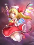  1girl :d ascot blonde_hair blush fang flandre_scarlet flying_sweatdrops higashi_shino holding index_finger_raised laevatein_(touhou) looking_at_viewer mary_janes one_side_up open_mouth outdoors red_eyes red_footwear red_skirt red_vest shoes skin_fang skirt smile solo thighhighs touhou vest white_legwear wings yellow_ascot 