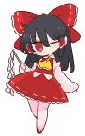  1girl ascot bare_legs black_hair bow detached_sleeves frilled_bow frilled_skirt frills full_body gohei hair_bow hair_tubes hakurei_reimu hand_up highres holding long_hair looking_at_viewer nontraditional_miko one_eye_closed op_na_yarou red_bow red_eyes red_footwear red_skirt ribbon-trimmed_skirt ribbon_trim shoes sidelocks simple_background skirt skirt_set solo standing touhou white_background wide_sleeves yellow_ascot 
