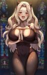  1girl :d artist_name bangs bare_shoulders belt between_breasts black_legwear blonde_hair blurry blurry_background blush borrowed_character breasts bridal_gauntlets church cleavage detached_collar detached_sleeves forehead foxyreine gold_trim hairband horns huge_breasts long_hair looking_at_viewer midriff mole mole_on_breast mole_under_mouth navel nun open_mouth original own_hands_together pantyhose parted_bangs patreon_logo red_eyes red_nails sakyuuba_(tamada_heijun) shiny shiny_clothes shiny_hair shiny_legwear single_bridal_gauntlet sleeveless smile solo stained_glass white_hairband zipper 