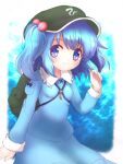  1girl backpack bag blue_eyes blue_hair blue_headwear blue_shirt blue_skirt closed_mouth hair_bobbles hair_ornament hat higashi_shino kawashiro_nitori keyhole long_sleeves looking_at_viewer medium_hair shirt skirt smile solo touhou twintails 