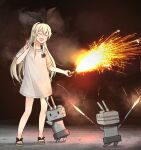  1girl ^_^ ^o^ alternate_costume annin_musou bare_legs barefoot blonde_hair closed_eyes fireworks grey_shirt hair_between_eyes holding holding_fireworks kantai_collection long_hair open_mouth rensouhou-chan sandals shimakaze_(kancolle) shirt short_sleeves smile standing v 