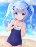  1girl beach blue_eyes blue_hair blue_swimsuit clenched_hands commentary day gochuumon_wa_usagi_desu_ka? hair_ornament hairclip highres kafuu_chino long_hair looking_at_viewer nekopurin_(nyanko_prin) ocean one-piece_swimsuit outdoors school_swimsuit solo swimsuit two_side_up water 