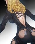 1girl ass black_bodysuit blonde_hair bodysuit bow_(bhp) breasts cowboy_shot from_behind grey_background kisara_(tales) large_breasts long_hair skin_tight solo standing tales_of_(series) tales_of_arise torn_bodysuit torn_clothes 