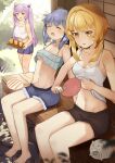  3girls bangs bare_shoulders barefoot black_shorts blonde_hair blue_hair blue_shorts breasts camisole casual closed_eyes clothes_lift crop_top cup cutoffs denim denim_shorts drinking_glass eyebrows_visible_through_hair fanning_self ganyu_(genshin_impact) genshin_impact hand_fan highres hot juice keqing_(genshin_impact) lifted_by_self long_hair lumine_(genshin_impact) medium_breasts midriff multiple_girls navel no_bra open_mouth orange_juice paper_fan porch purple_hair red_eyes ruisha shirt_lift short_hair short_shorts shorts sidelocks sitting smile stomach summer swept_bangs tray twintails underboob very_long_hair walking white_camisole yellow_eyes 