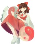  1girl aomireika ascot bangs bare_shoulders bow brown_hair closed_mouth collar collared_dress detached_sleeves dress eyebrows_visible_through_hair flying gohei hair_ornament hair_tubes hakurei_reimu highres long_sleeves looking_at_viewer orb red_ascot red_bow red_dress red_eyes shoes short_hair simple_background smile solo touhou white_background white_footwear wide_sleeves yin_yang yin_yang_orb 