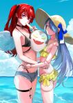  2girls absurdres akkun_daimaou akkun_daimaou_(channel) android aoijigoku ball beachball bikini black_bikini black_choker blue_hair choker flat_chest food hair_over_one_eye hand_on_another&#039;s_waist hat highres in_mouth joints kurumi_(zettai_tenshi_kurumi-chan) long_hair multiple_girls neets_channel one_eye_covered popsicle purple_eyes red_hair robot_joints straw_hat swimsuit thigh_strap virtual_youtuber vt-212 yellow_bikini yellow_eyes zettai_tenshi_kurumi-chan 