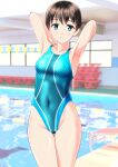  1girl absurdres aqua_swimsuit armpits arms_behind_head blue_eyes breasts brown_hair cameltoe clothes_writing commentary_request competition_swimsuit covered_navel cowboy_shot highres indoors looking_at_viewer multicolored_clothes multicolored_swimsuit one-piece_swimsuit original parted_lips pool poolside presenting_armpit short_hair small_breasts solo standing swimsuit takafumi thigh_gap 