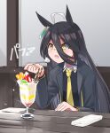  1girl ahoge animal_ears black_hair black_jacket dessert ear_piercing eating eyebrows_visible_through_hair food hair_between_eyes highres holding holding_spoon horse_ears horse_girl jacket long_bangs long_hair long_sleeves manhattan_cafe_(umamusume) necktie open_clothes open_jacket open_mouth parfait piercing solo spoon table umamusume wafer_stick white_hair yellow_eyes yellow_necktie yuuichi_(reductionblack) 