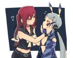  2girls applying_makeup bangs belt bikini bikini_top black_belt black_bikini bow camouflage eyebrows_visible_through_hair flat_chest hair_behind_ear heart kubozuka_(kubodu) kurumi_(zettai_tenshi_kurumi-chan) multiple_girls navel neets_channel purple_eyes red_hair sailor_collar swimsuit twintails two_side_up virtual_youtuber vt-212 white_bow yellow_eyes zettai_tenshi_kurumi-chan 