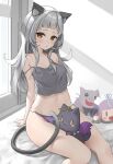  1girl absurdres akiki_(kiki) animal_ears bangs bare_shoulders blunt_bangs breasts camisole cat_ears cat_girl cat_tail character_doll cleavage grey_camisole grey_hair hair_down highres hololive light_rays long_hair looking_at_viewer midriff minato_aqua murasaki_shion navel neko_(minato_aqua) on_bed panties parted_lips purple_panties raised_eyebrows shiokko_(murasaki_shion) short_eyebrows sidelocks sitting small_breasts solo stomach strap_slip sunbeam sunlight surprised tail underwear underwear_only virtual_youtuber waking_up window yellow_eyes 