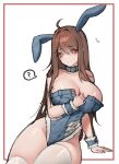  1girl ? absurdres animal_ears bangs breasts brown_hair cleavage collar denim denim_leotard eyebrows_visible_through_hair gg_amang highres large_breasts legs_together leotard looking_at_viewer original rabbit_ears shiny shiny_skin sitting solo thick_thighs thighhighs thighs torn_clothes white_legwear yellow_eyes 
