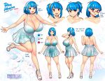  1girl 2021 absurdres alternate_hairstyle bangs blue_hair blunt_bangs breasts character_sheet cleavage curvy dress erkaz full_body hairband high_heels highres huge_breasts leg_up looking_at_viewer medium_hair multiple_views open_mouth original outline red_eyes rina_atherina side_ponytail smile toeless_footwear veins veiny_breasts white_dress white_footwear white_hairband white_outline 