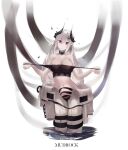  1girl absurdres arknights black_tank_top breasts choker collarbone crop_top demon_horns elite_ii_(arknights) hair_ornament highres horns large_breasts long_hair looking_at_viewer midriff mudrock_(arknights) navel parted_lips pointy_ears red_eyes silver_hair solo sports_bra subu_art tank_top undressing 