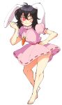  1girl animal_ears bare_legs barefoot black_hair blush_stickers carrot carrot_necklace dress floppy_ears frilled_dress frilled_sleeves frills full_body hand_on_hip highres inaba_tewi inkerton-kun jewelry looking_at_viewer one_eye_closed pendant pink_dress puffy_short_sleeves puffy_sleeves rabbit_ears rabbit_girl rabbit_tail red_eyes ribbon-trimmed_dress short_hair short_sleeves solo tail touhou wavy_hair white_background 