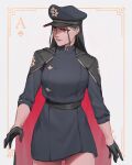  1girl black_cape black_gloves black_hair black_sash cape card closed_mouth coat copyright_request cowboy_shot gloves grey_coat half_gloves hat highres long_hair peaked_cap playing_card red_cape red_eyes sash solo standing two-sided_cape two-sided_fabric umber 