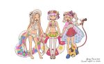  3girls :&lt; :d ^_^ abigail_williams_(fate) abigail_williams_(swimsuit_foreigner)_(fate) asaya_minoru bangs bare_arms bare_legs bare_shoulders barefoot bikini black_footwear blue_footwear blunt_bangs blush bonnet brown_hair casual_one-piece_swimsuit closed_eyes closed_mouth english_text eyebrows_visible_through_hair fate/grand_order fate_(series) forehead holding_hands hose hose_nozzle illyasviel_von_einzbern illyasviel_von_einzbern_(swimsuit_archer)_(fate) innertube kama_(fate) kama_(swimsuit_avenger)_(fate) long_hair multiple_girls navel one-piece_swimsuit open_mouth parted_bangs purple_eyes purple_hair red_swimsuit short_hair simple_background smile standing standing_on_one_leg star_(symbol) swimsuit thighhighs twintails twitter_username very_long_hair white_background white_bikini white_headwear white_legwear 