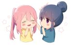  2girls =_= atu baggy_clothes bangs blue_hair blue_shirt blush blush_stickers cheek_pinching cheek_pull chibi closed_eyes dark_blue_hair eyebrows_visible_through_hair hair_between_eyes hair_bun hair_intakes happy kagamihara_nadeshiko multiple_girls no_pupils open_mouth pinching pink_hair ponytail purple_eyes shima_rin shirt short_eyebrows short_sleeves simple_background smile star_(symbol) t-shirt twitter_username white_background wide_sleeves yellow_shirt yurucamp 