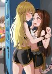  3girls absurdres ahoge ass bike_shorts black_hairband blue_eyes blush boo_iro breasts brown_eyes brown_hair cropped_jacket eye_contact frown futami_mami groin hairband hand_on_another&#039;s_face highres holding_another&#039;s_wrist hood hoodie hoshii_miki idolmaster idolmaster_(classic) idolmaster_million_live! long_hair looking_at_another medium_breasts midriff minase_iori multiple_girls navel open_mouth pullover skirt small_breasts striped striped_hoodie stuffed_animal stuffed_toy thighs v-shaped_eyebrows vending_machine white_skirt yuri 
