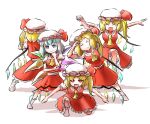  ascot blonde_hair blue_eyes blue_hair cirno closed_eyes cosplay crystal dragon_ball dragon_ball_z eyebrows_visible_through_hair flandre_scarlet flandre_scarlet_(cosplay) four_of_a_kind_(touhou) frilled_shirt_collar frilled_skirt frills ginyu_force_pose hat highres ice ice_wings mob_cap odd_one_out open_mouth peroponesosu. pose puffy_short_sleeves puffy_sleeves red_eyes red_skirt red_vest short_hair short_sleeves side_ponytail simple_background skirt smile socks touhou v-shaped_eyebrows vest white_background wings yellow_ascot 