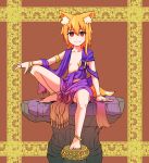  1girl ahoge alternate_costume animal_ear_fluff animal_ears anklet asymmetrical_hair bangle bangs barefoot blonde_hair bracelet breasts brown_background closed_mouth commentary_request cookie_(touhou) earrings eyebrows_visible_through_hair fox_ears fox_girl fox_tail full_body hair_between_eyes highres jewelry looking_at_viewer medium_hair miramikaru_riran purple_robe red_eyes ring rock sidelocks sitting small_breasts smile solo tail yan_pai 