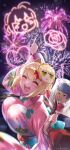  1girl :d absurdres ahoge blonde_hair bouncing_breasts braid braided_bun breasts caligula_(fate) candy_apple character_mask chocolate_banana closed_eyes fate/extra fate/grand_order fate_(series) fireworks flower food french_braid hair_bun hair_intakes heart highres japanese_clothes kimono large_breasts mask nero_claudius_(fate) night night_sky open_mouth outdoors pointing rose sky smile yayoi_maka yukata 