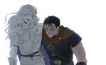  2boys :d arm_around_shoulder armor belt berserk black_hair breastplate brown_belt brown_cape cape closed_eyes film_grain griffith_(berserk) grin guts_(berserk) long_hair multiple_boys open_mouth pauldrons short_hair shoulder_armor simple_background smile sword very_short_hair weapon white_background white_hair yp_(pypy_5_) 