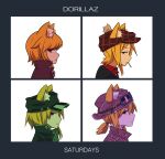  4girls album_cover_redraw alternate_costume alternate_hairstyle animal_ear_fluff animal_ears asymmetrical_hair backwards_hat bangs black_coat black_headwear blonde_hair brown_coat brown_headwear closed_mouth coat collared_shirt commentary_request cookie_(touhou) demon_days_(gorillaz) derivative_work expressionless eyebrows_visible_through_hair fox_ears fox_girl goggles goggles_on_headwear gorillaz hair_between_eyes hat highres looking_at_viewer looking_to_the_side medium_hair miramikaru_riran multiple_girls plaid_headwear red_eyes red_shirt shirt short_ponytail sidelocks upper_body white_background yan_pai 