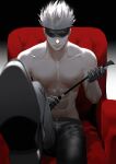  1boy abs black_blindfold black_footwear black_gloves black_pants blindfold couch covered_eyes genii gloves gojou_satoru gradient gradient_background highres holding holding_riding_crop jujutsu_kaisen leg_up male_focus navel nipples on_couch pants riding_crop shoes short_hair sitting smile solo spiked_hair toned toned_male topless_male white_hair 
