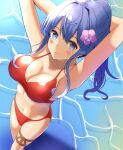  1girl alternate_costume arms_behind_head bikini blue_eyes blue_hair blush breasts cleavage commentary_request gotland_(kancolle) kantai_collection large_breasts long_hair looking_at_viewer mole mole_under_eye ponytail red_bikini sidelocks smile solo swimsuit thigh_strap toyomi_13 water 