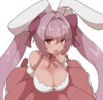  1girl animal_ears bare_shoulders blush breasts choker cleavage di_gi_charat dice dice_hair_ornament from_above hair_ornament large_breasts long_hair open_mouth pink_hair rabbit_ears red_eyes red_skirt simple_background skirt smile solo sumiyao_(amam) twintails upper_body usada_hikaru white_background 